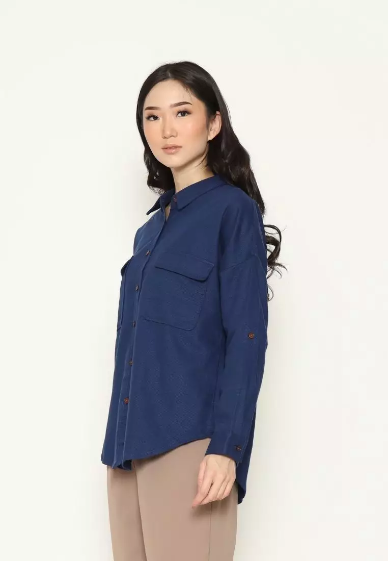 Urban Exchange Ariana Waffle Navy Shirt - Atasan Kemeja Outer Navy
