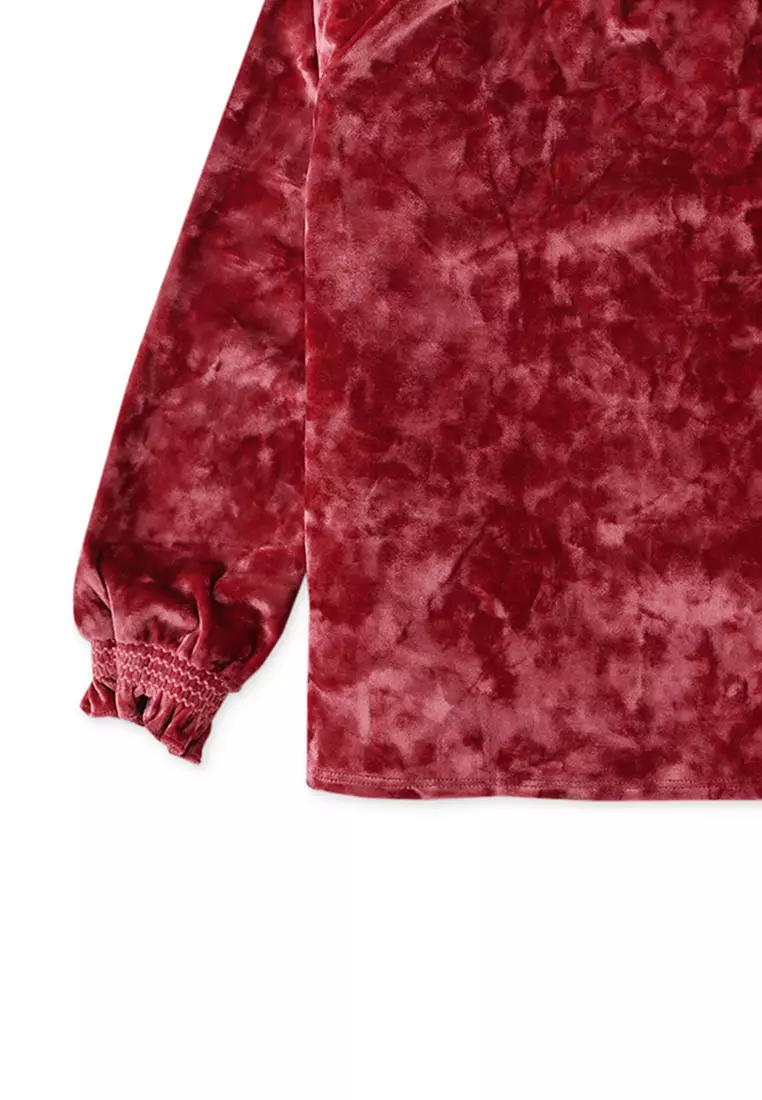 Girls Velvet Top With Smocked Embroidery On Neck And Cuffs