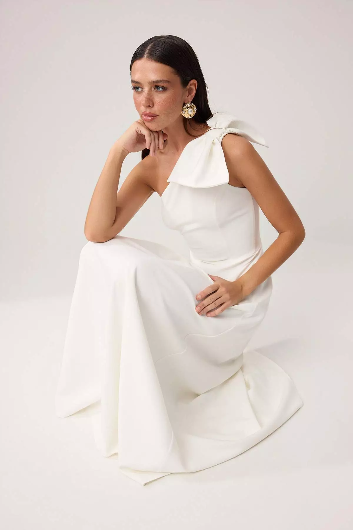 White Plain Bowknot Woven Finike Maxi Evening Dress & Graduation Dress