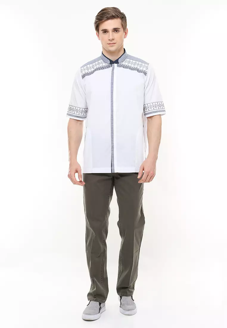 Regular Fit - Baju Koko - Motif Polkadot - Bordir - Putih HItam