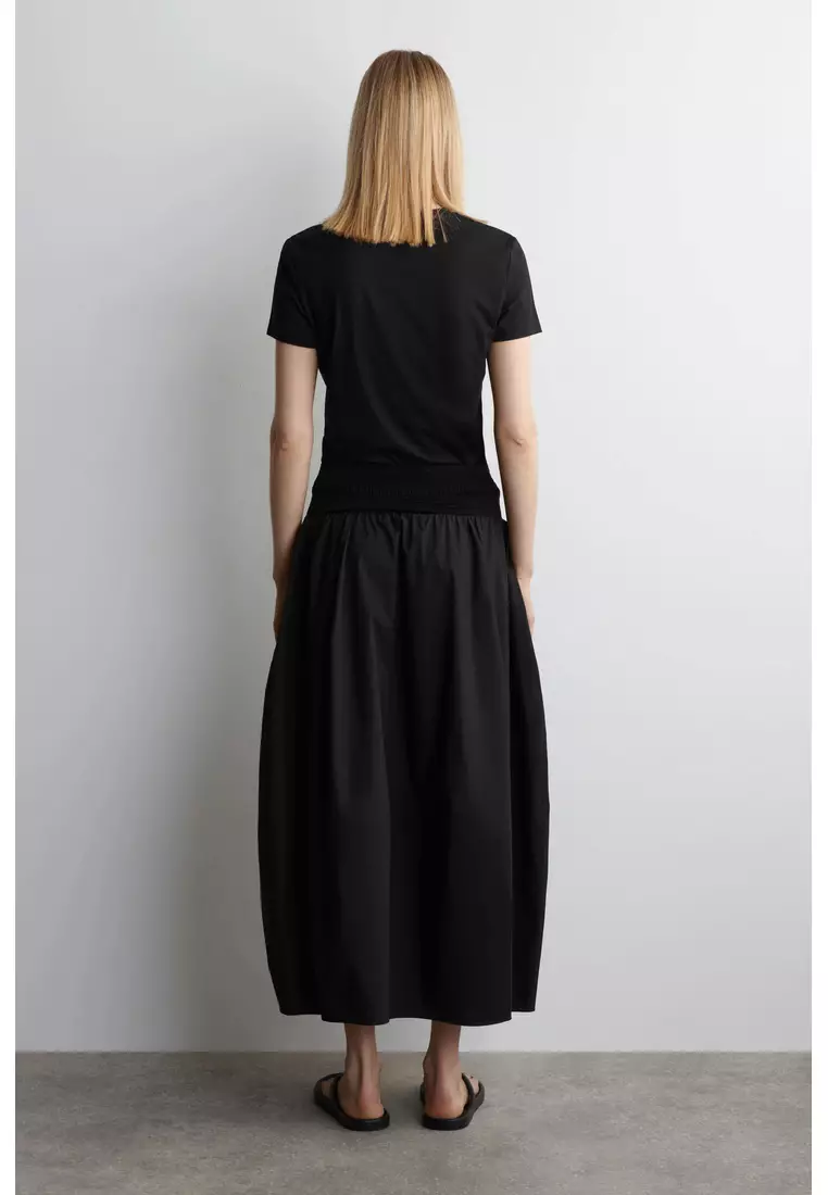 SMOCKED PANELLED MIDI SKIRT