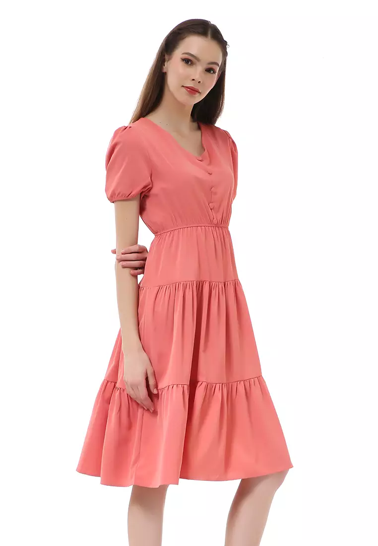 Rachel Ruffle Dress Wanita Lengan Pendek Motif Polos Material Ployester ORIGINAL - Orange