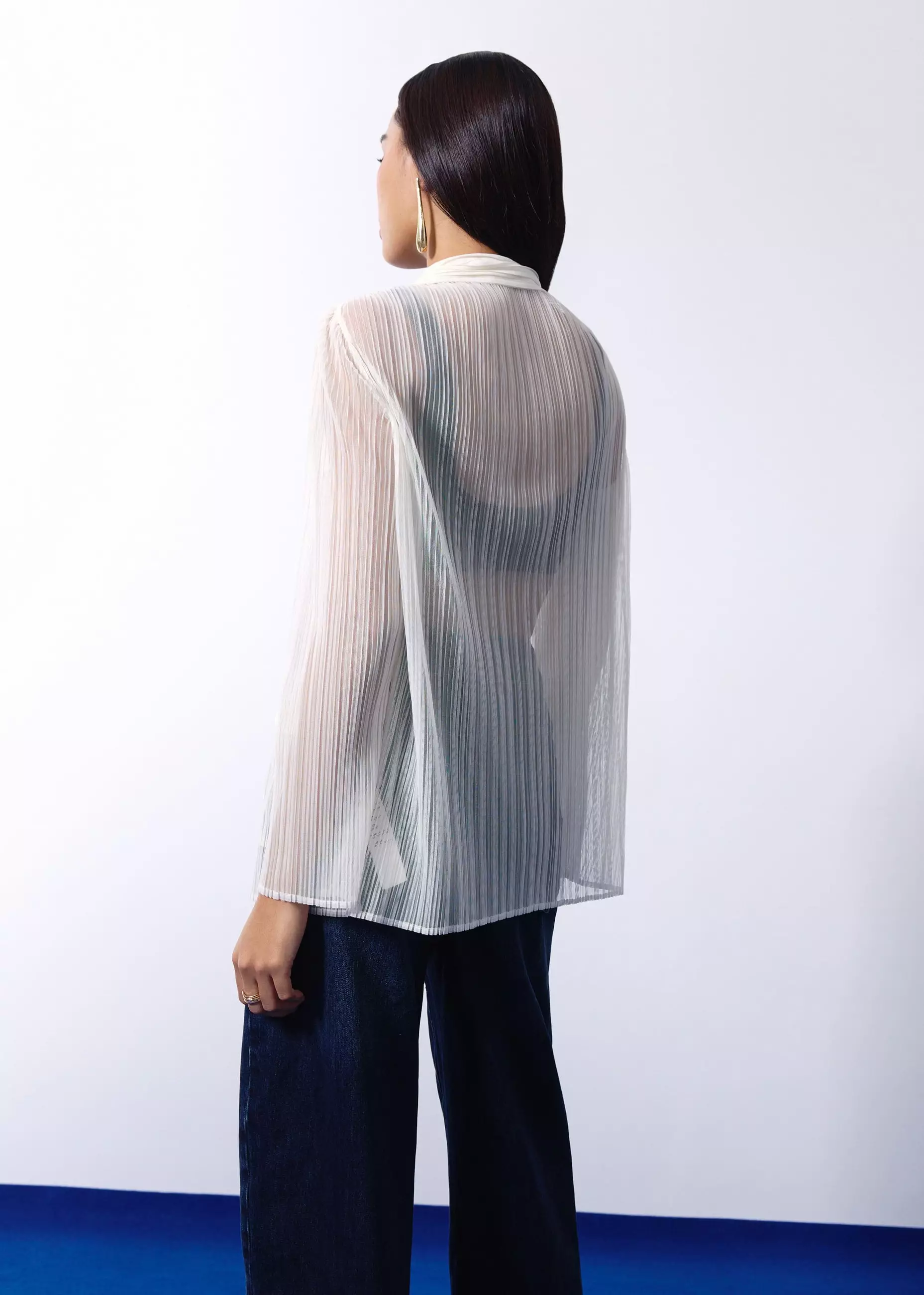 Atasan Wanita - Sheer Plisse Collared Button Down Shirt