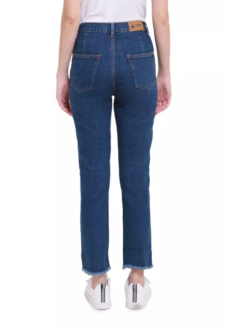 Jesslyn Celana Jeans Boyfriend Aksen Ripped Bawahan Wanita Regular Fit - Dark Blue