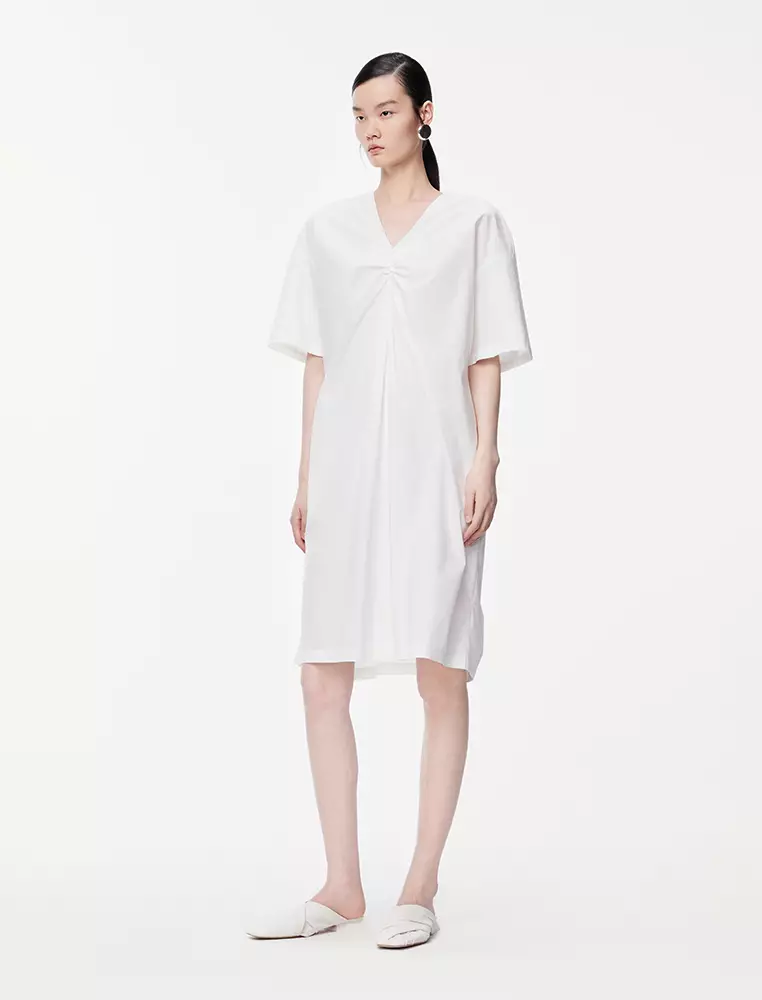 褶皺中長款短袖連衣裙