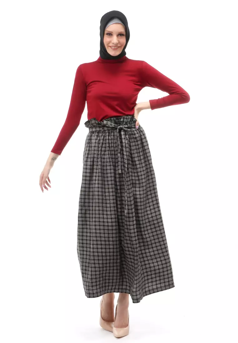 Amel Long Skirt Bawahan Wanita Motif Kotak-Kotak Regular Fit - Black