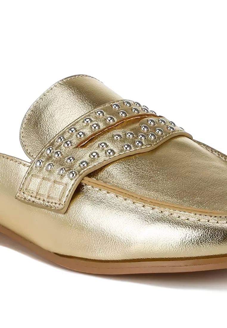 Stud Detail Metallic Pleather Mules in Gold