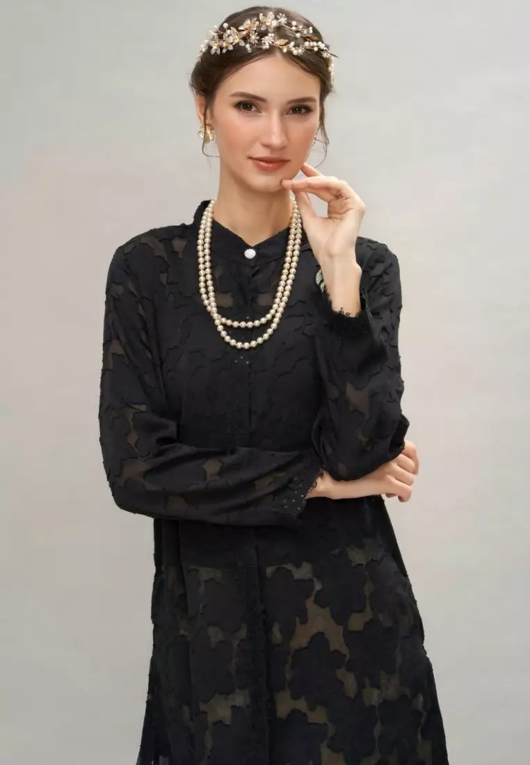Black Premium Chiffon high neck Top & Maroon Batik Pleated Wrap Skirt
