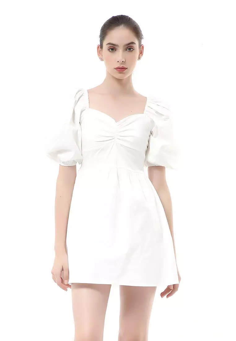 Rachel Dress Wanita Ballerina Pluffy Baloon Sleeve Simple Elegant Material Cotton ORIGINAL - Broken White