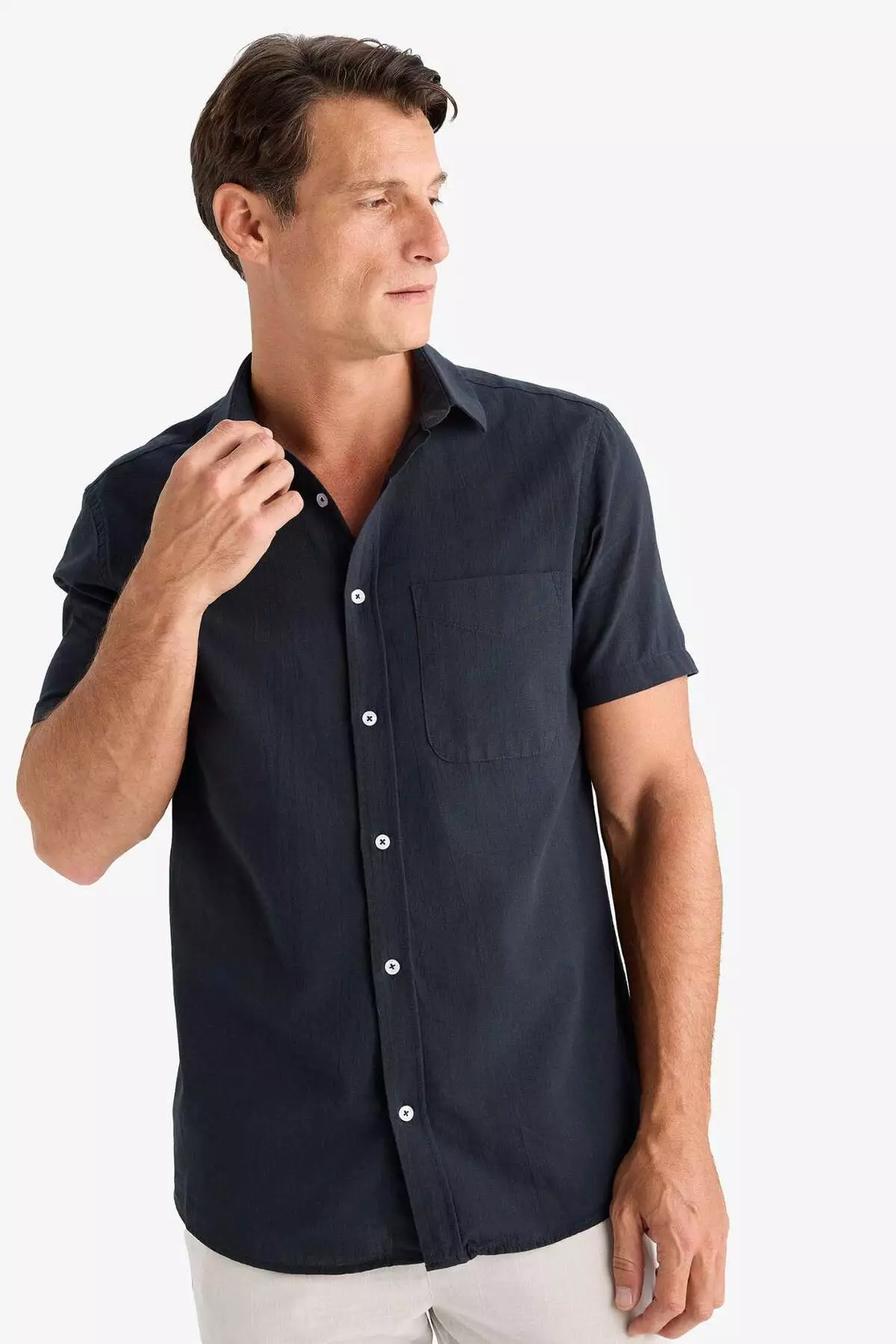 100% Cotton Regular Fit Summer Polo Collar Linen Look Short Sleeve White Shirt D7551Ax25Sp