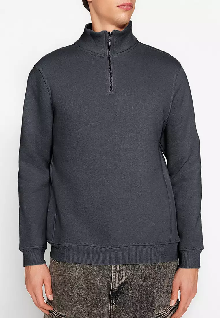 Anthracite Regular/Normal Cut Stand Collar Zippered Warm Basic Sweatshirt TMNAW24SW00041