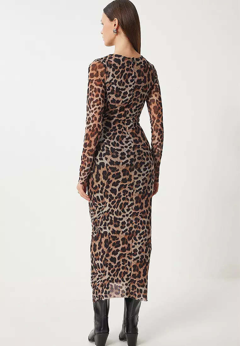 Leopard Patterned Pleated Wrap Tulle Dress