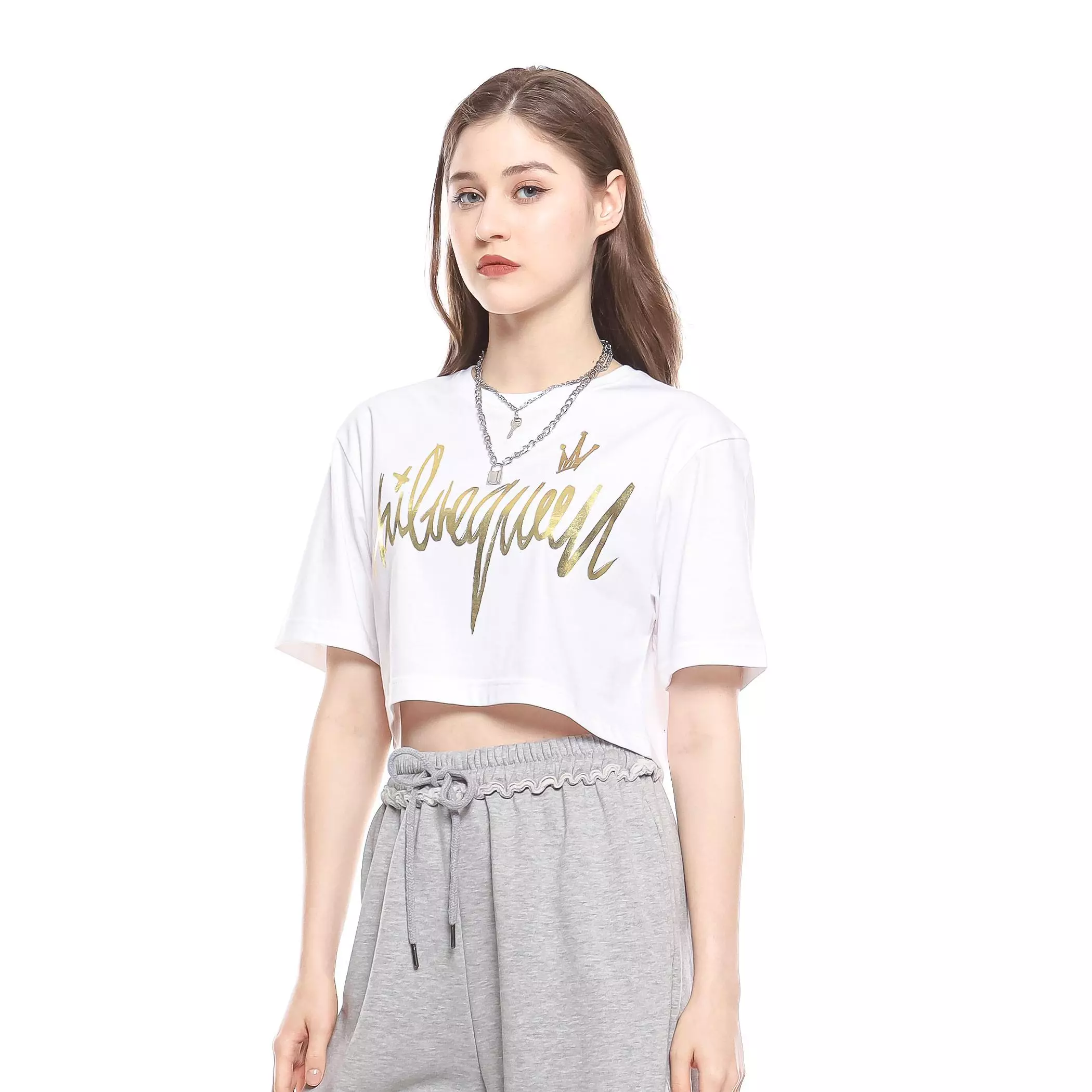 Enough For Today - Kaos Crop Oversize Wanita HailtheQueen Putih Gold