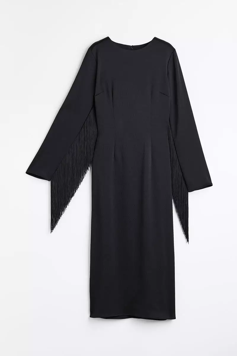 Fringe-trimmed satin dress