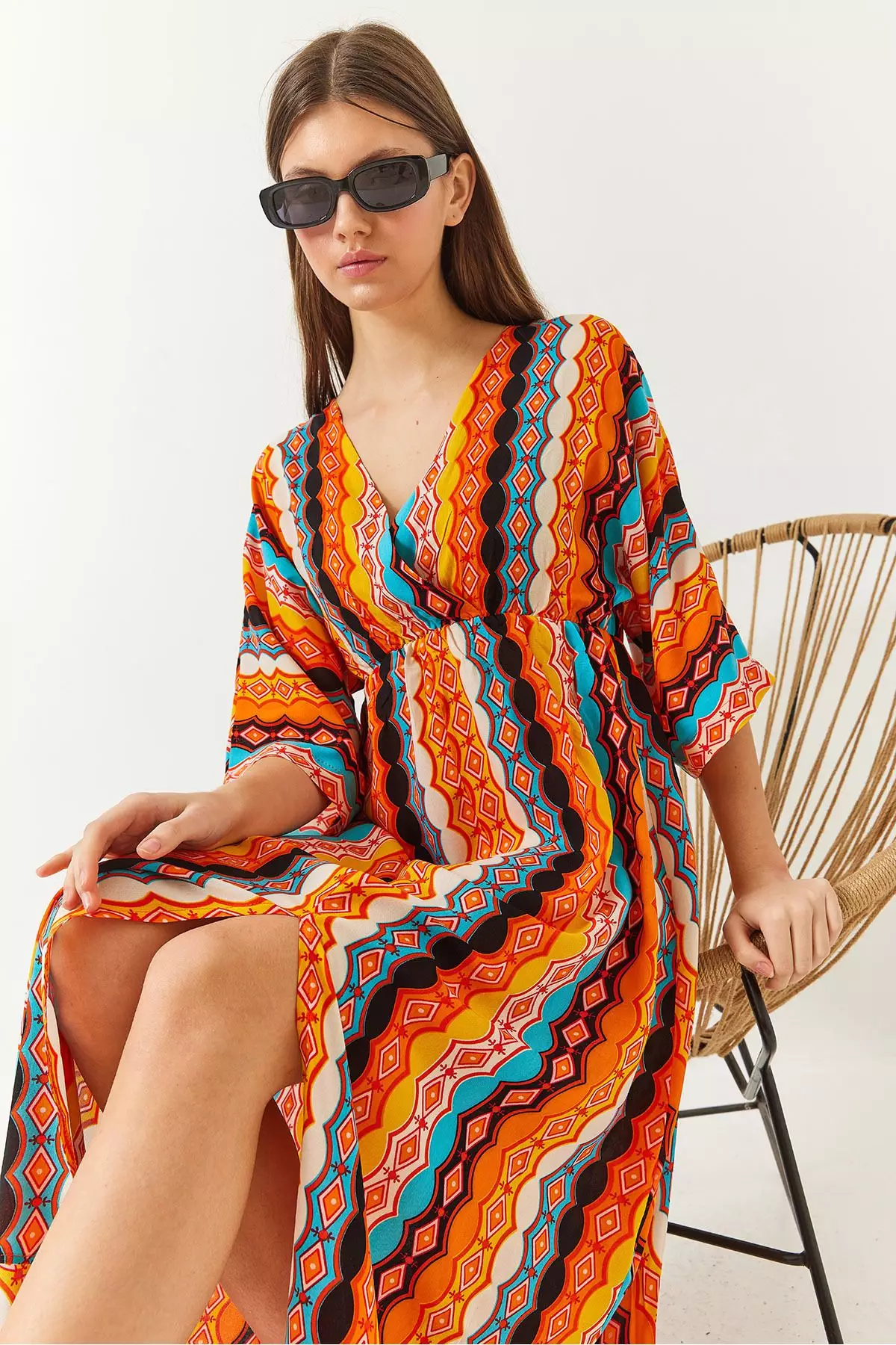 Women's Double Breasted V Neck Front Slit Detail Print Dress 60261411