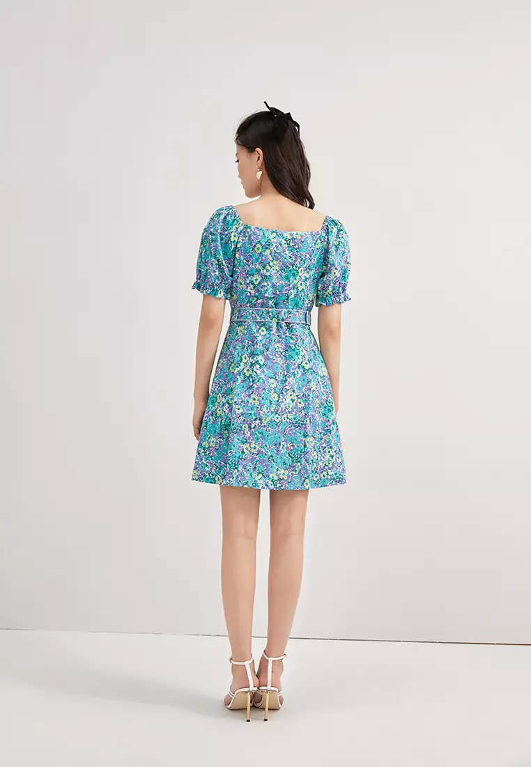 Square Neck Floral Mini Dress with Belt