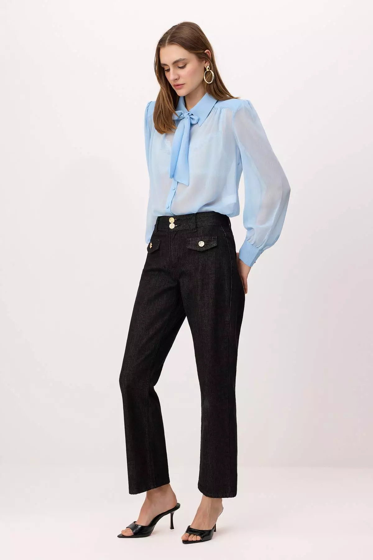 Blue Shoulder Pad And Scarf Detailed Transparent Stylish Woven Shirt Twoss26Go67