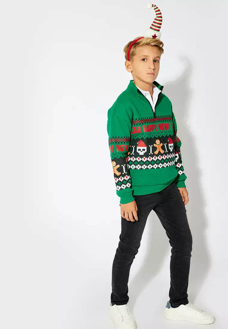 Stand Collar Half Zipper Skull Printed Raised Sweatshirt