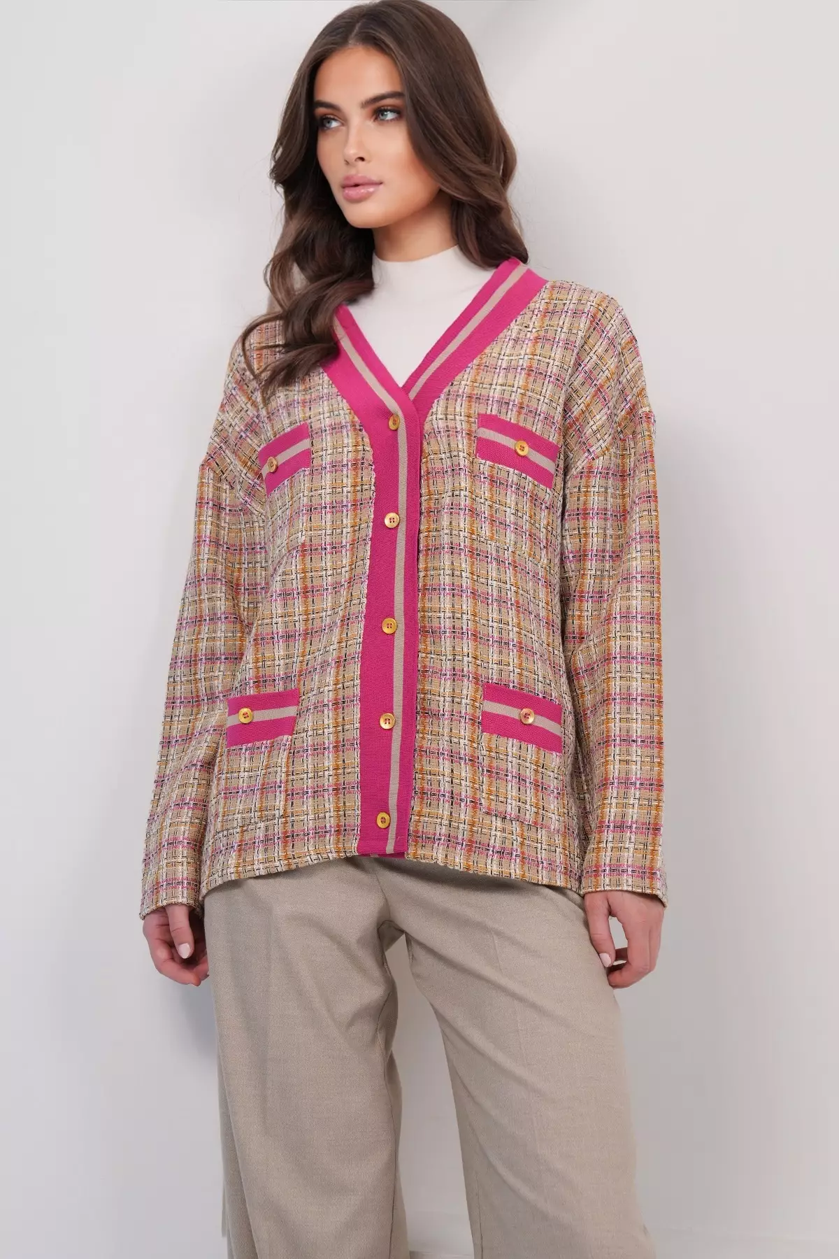 Women'S Fuchsia Pocket Detailed Tweed Ribbed Unlined Jacket Alc-X14979