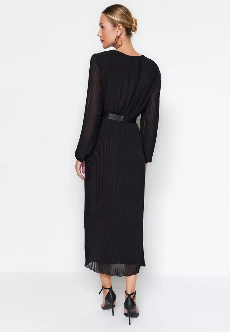 Black Belted A-Line Pleated Maxi Lined Chiffon Flight Flight Woven Dress Twoaw24El471