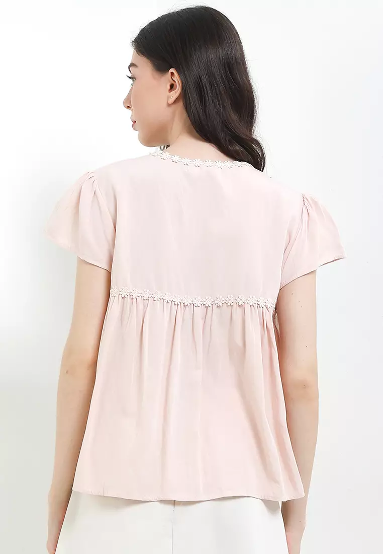 Cap Sleeve Babydoll Blouse W/ Flo Lace Trims