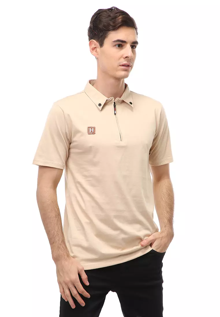 Jack Atasan Casual Pria T-Shirt Kaos Polo Resleting Short Sleeve Material Cotton ORIGINAL - Cream