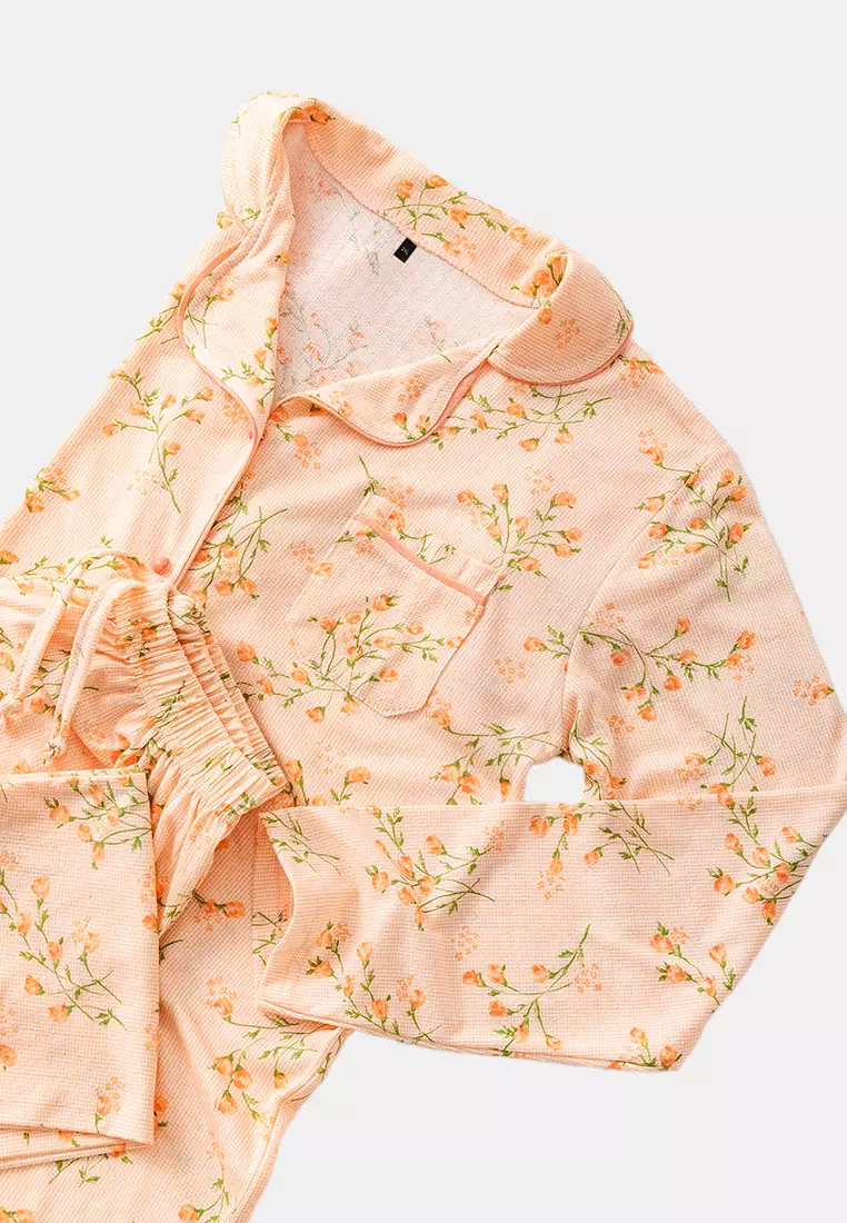Orange Floral Patterned Shirt Collar Textured Knitted Pajama Set