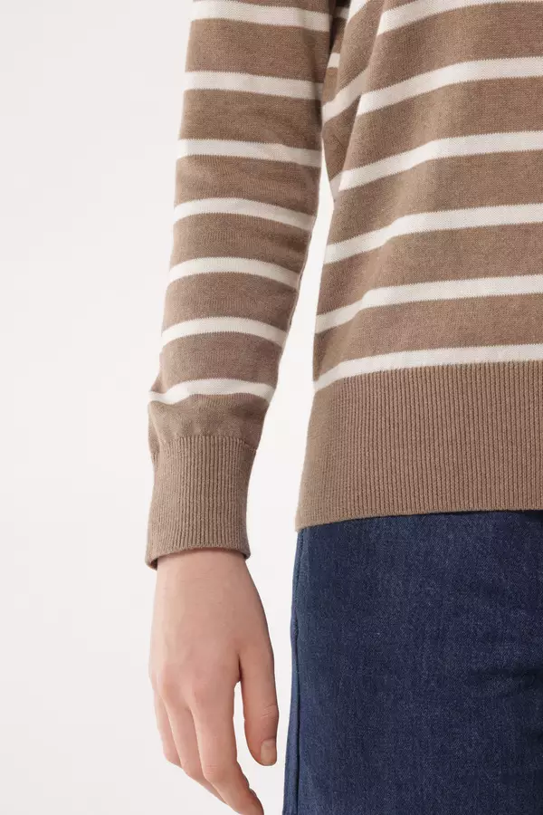 MINIMAL - Reeny - Sweater Rajut Zipper Motif Garis - Light Brown