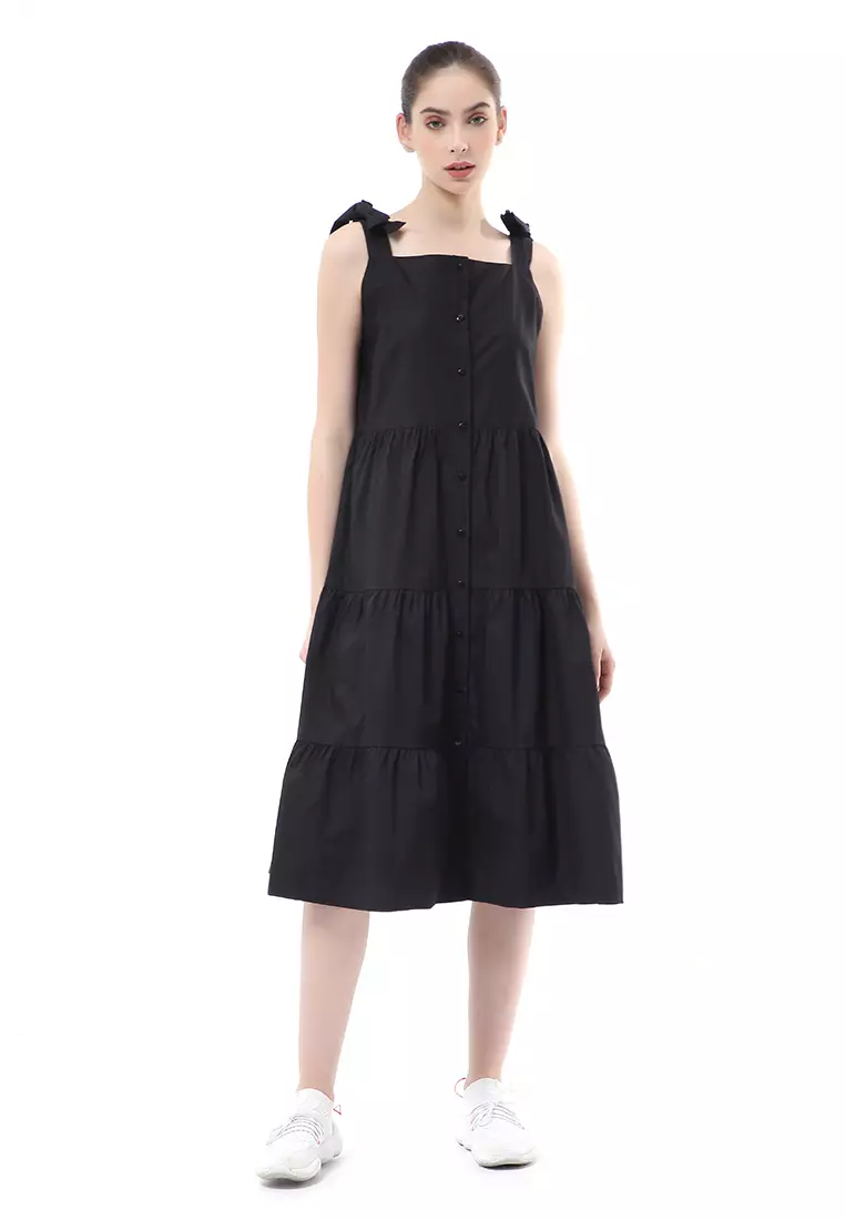Rachel Dress Ruffle Wanita Tanpa Lengan Full Kancing Stylish Material Cotton ORIGINAL - Black