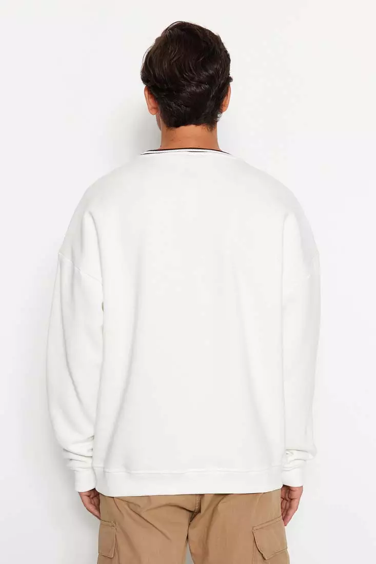 Stripe Neckline with Embroidered Text, Fleece Inside Sweatshirt