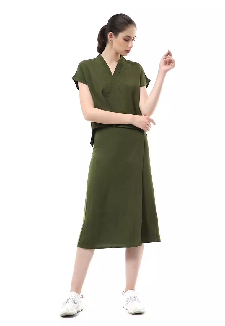 Nayra Setelan Baju & Rok Wanita One Set Adjustable Short Sleeve Material Dolce ORIGINAL - Army