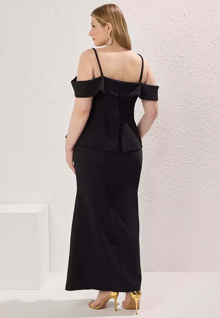 Black Square Neck Drop Sleeve Chic/Night Woven Plus Size Dress TBBSS25AH00147