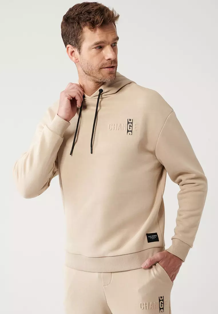 Men's Beige Hooded 3 Thread Raised Sweatshirt A32Y1190