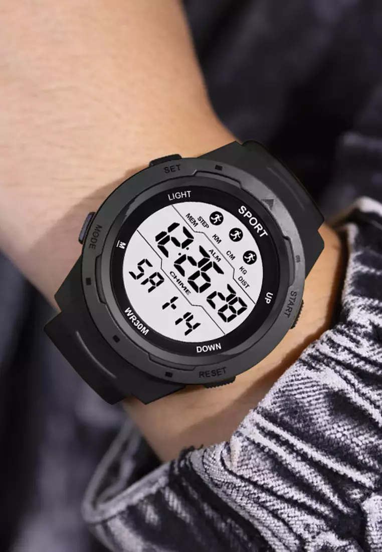 Jam Tangan Pria Digital Olahraga Mode Tali Silikon Alarm Jam Tangan Cowok black