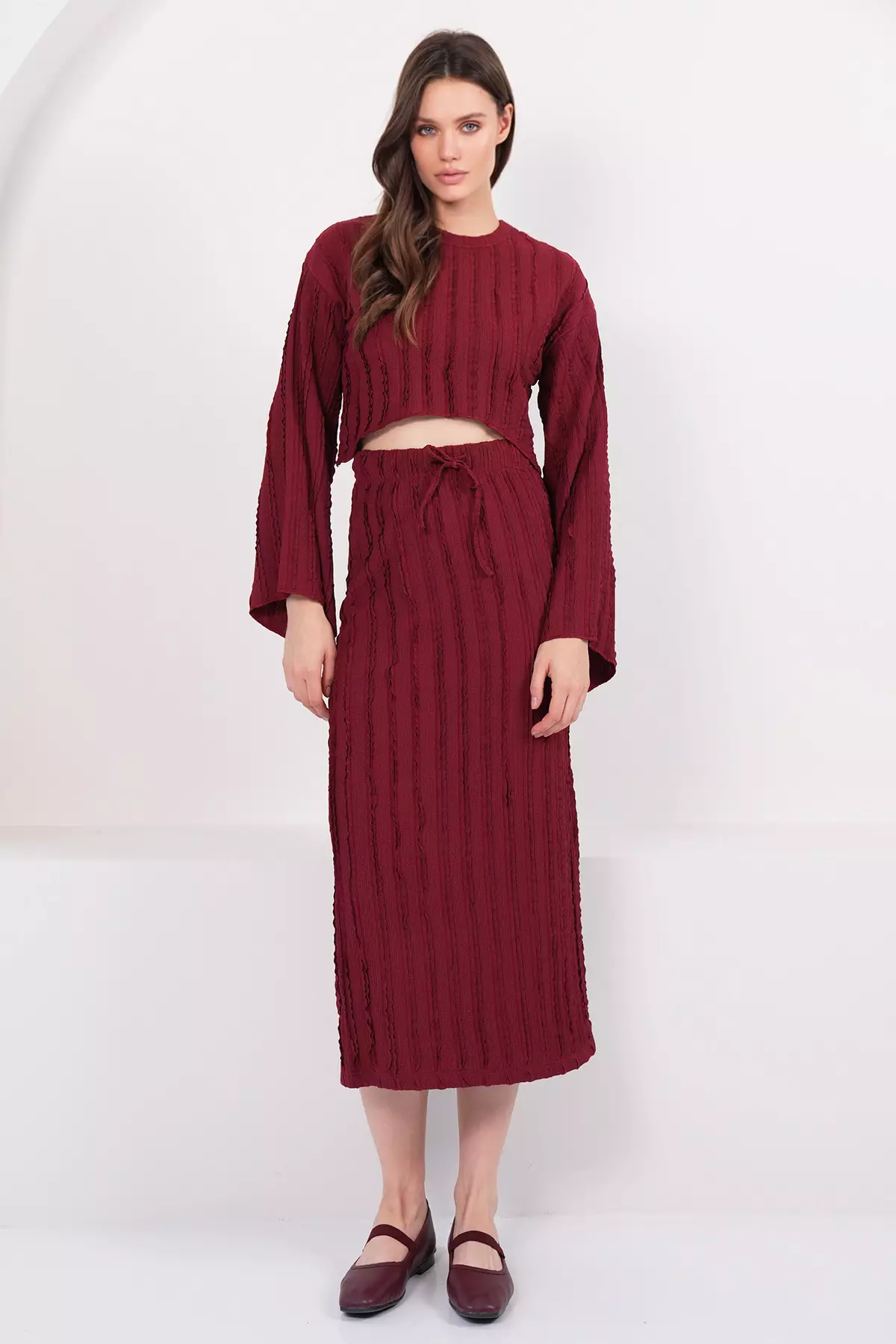 Burgundy Asymmetrical Cut Blouse And Skirt Set With Stitching Detail Alc-X14808