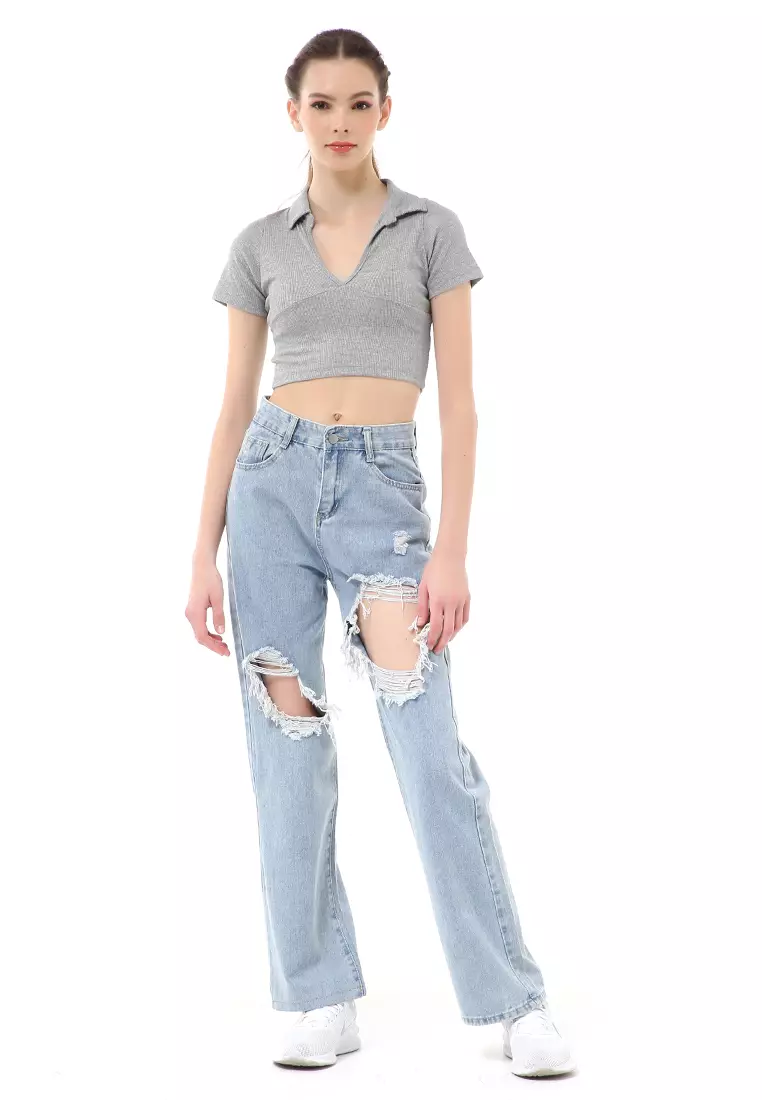 Cerise Crop Top Kaos Pendek Wanita T-Shirt Short Sleeve Plain Motive Material Cotton ORIGINAL - Light Gray