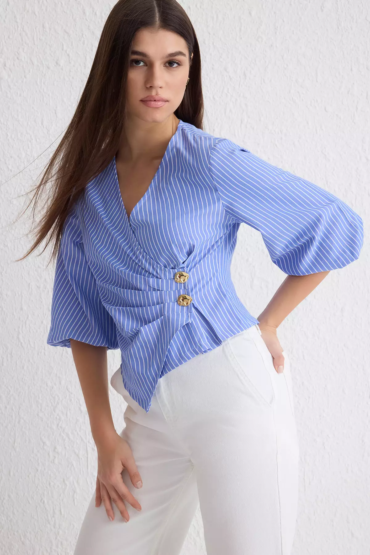 Blue Double Breasted Striped Blouse