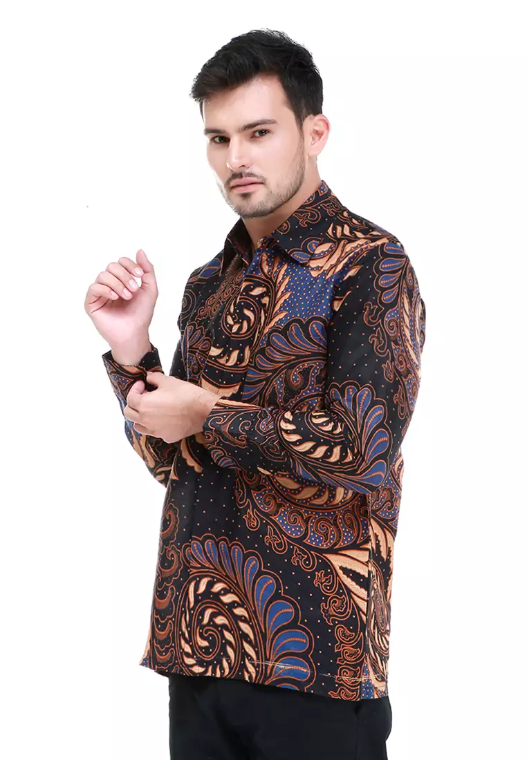 Dwan Kemeja Batik Pria Puser Motives Atasan Formal Longsleeve Shirt Material Cotton ORIGINAL - Navy