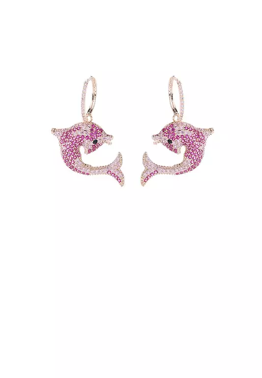 Brilliant and Lovely Plated Gold Dolphin Earrings with Rose Red Cubic Zirconia - Luxurious Look - Vibrant Color