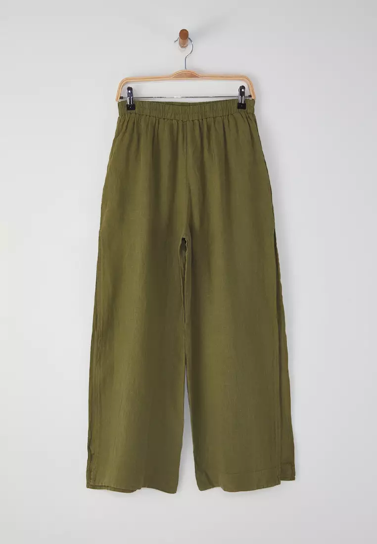 Khaki Weaving 100% Linen Slit Beach Trousers TBESS25PL00004