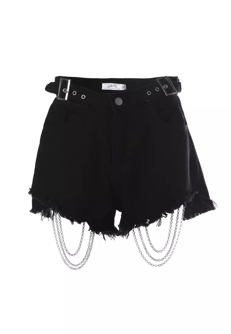 High Waist Punk Belted Black Shorts