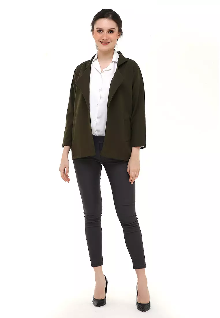Qemsya Jas Blazer Wanita Long Outer Casual Suit Material Baby Canvas ORIGINAL - Army