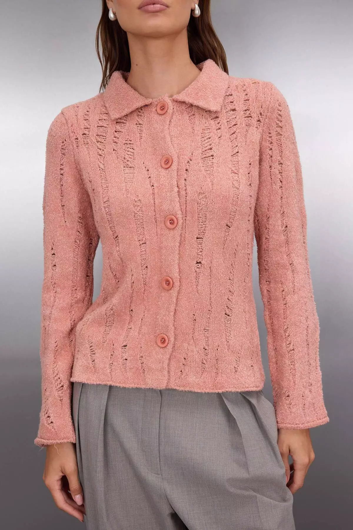 Dusty Rose Openwork/Hole Boucle Yarn Knitwear Cardigan Twoaw26Hi00192