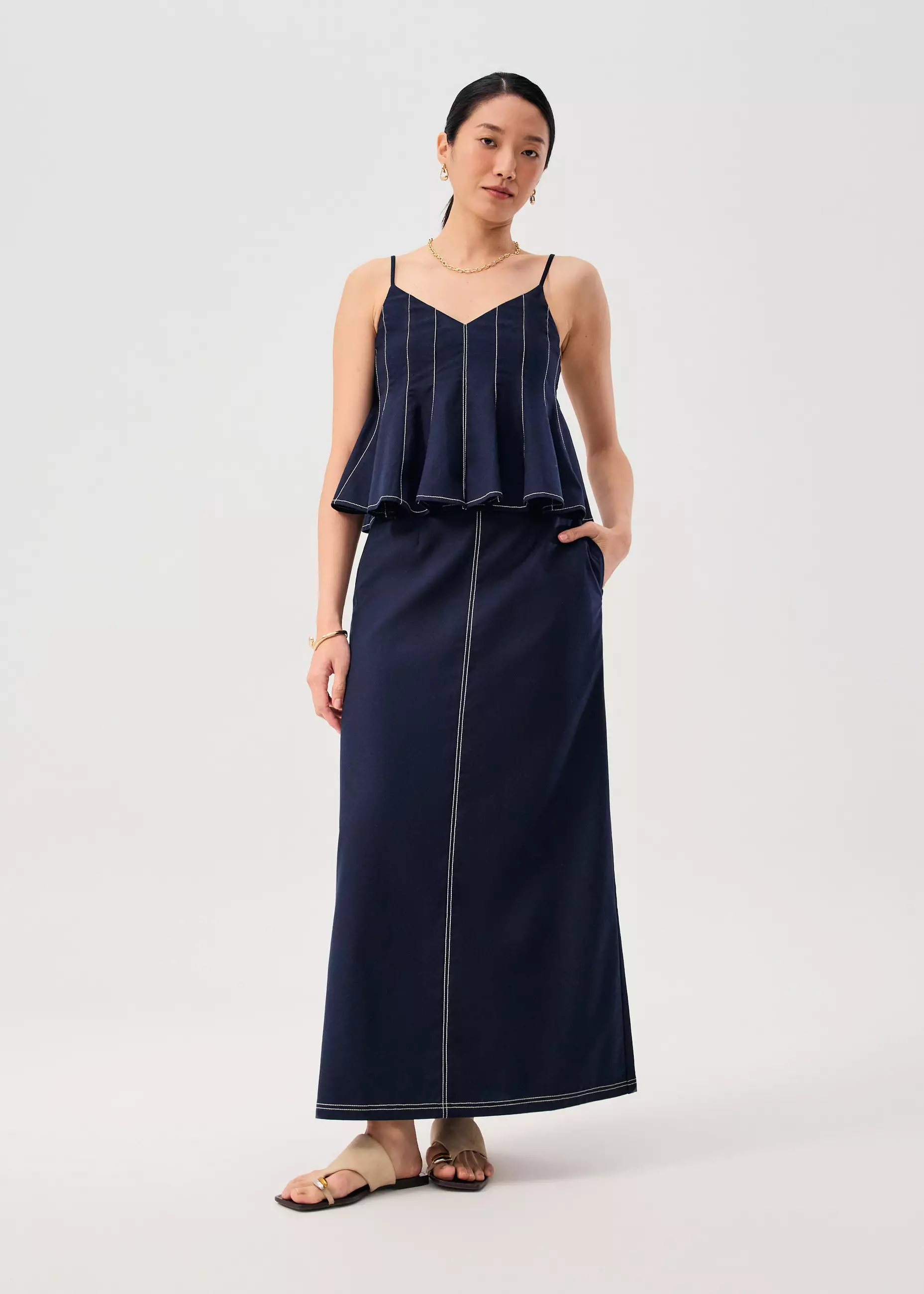 Rok Wanita - Elastic Contrast Stitch High Waist A-line Maxi Skirt