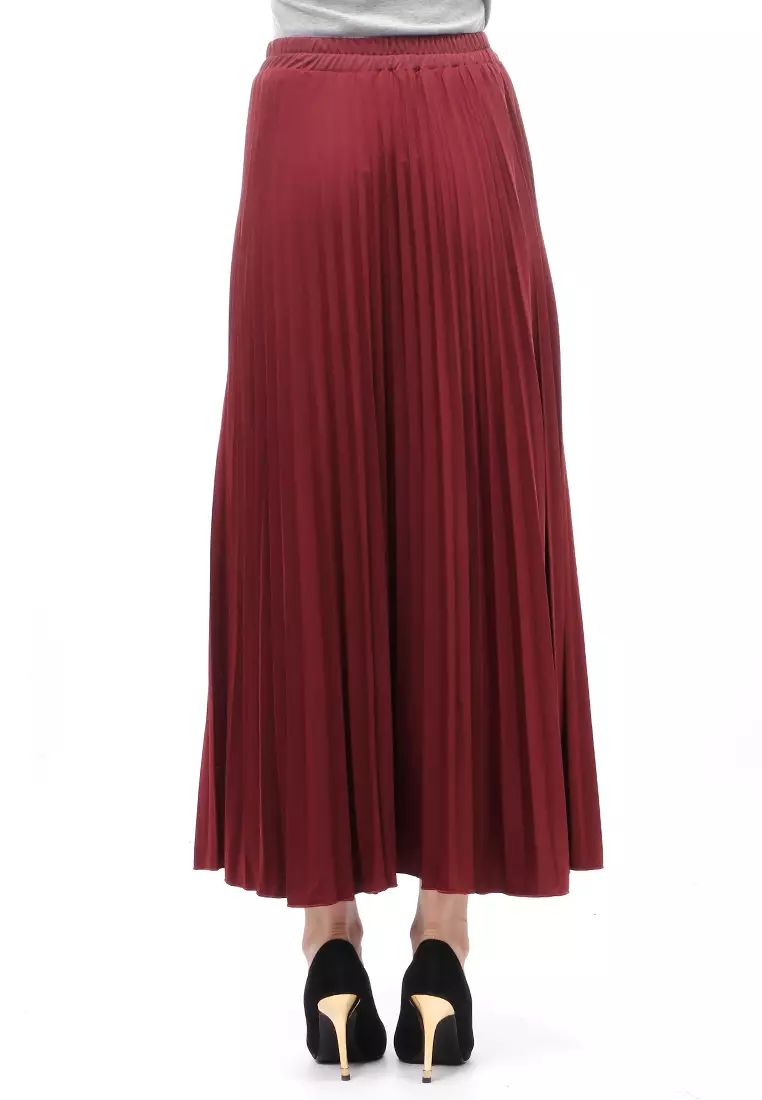 Skirt Plisket Bawahan Wanita Motif Polos Relaxed Fit - Maroon