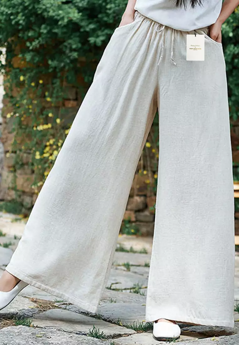 Drawstring Waist Linen Wide-leg Pants BXF2363