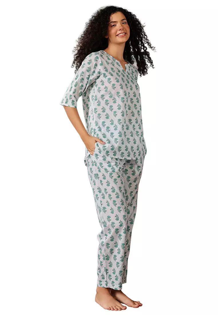 Clovia Pretty Florals Top & Pyjama in Teal Green - 100% Cotton