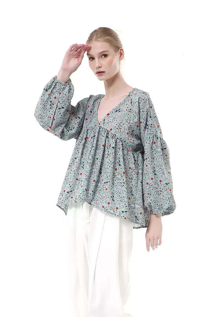 Milea Blouse Balon Atasan Wanita Motif Flower Premium Quality - Stone