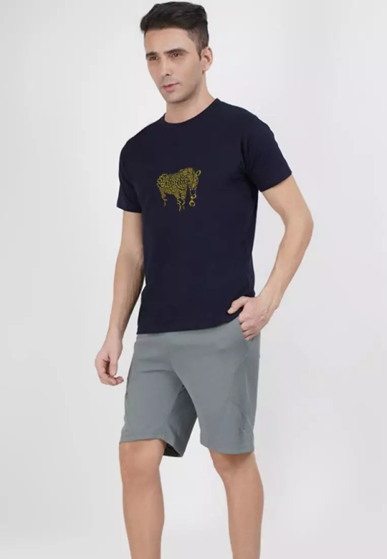 斑马图案海军蓝色棉质短袖标准版型 T 恤