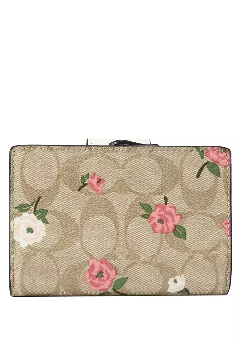 Medium Corner Zip Wallet In Signature Canvas With Floral Print - Light Brown